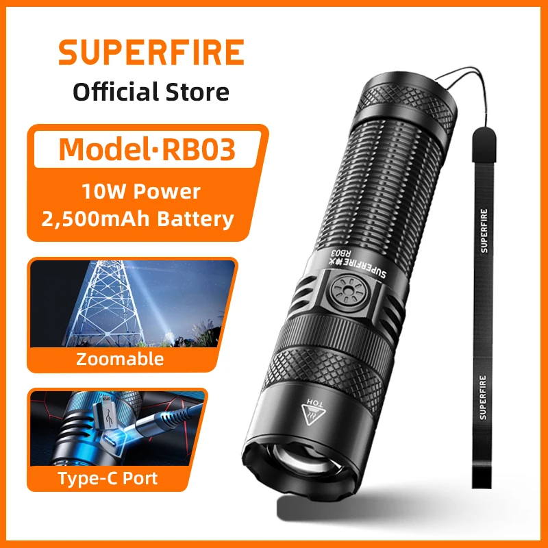 SUPERFIRE RB03 1000LM Zoom Flashlight with Type-C Rechargeable 10W LED Aluminum Torch Waterproof for Camping Hiking Lantern
SUPERFIRE RB03 1000LM Zoom Flashlight with Type-C Rechargeable 10W LED Aluminum Torch Waterproof for Camping Hiking Lantern