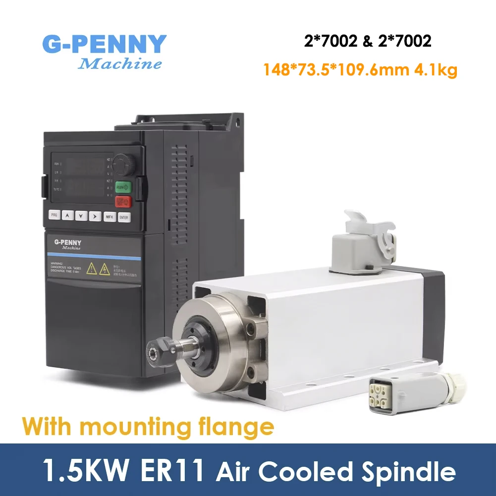 Комплект шпиндельного двигателя G-Penny 1.5 кВт с воздушным охлаждением ER11, квадратный тип, 4 подшипника P4, 400 Гц, с креплением, частотный преобразователь 0.01 и 1.5 кВт
Комплект шпиндельного двигателя G-Penny 1.5 кВт с воздушным охлаждением ER11, квадратный тип, 4 подшипника P4, 400 Гц, с креплением, частотный преобразователь 0.01 и 1.5 кВт