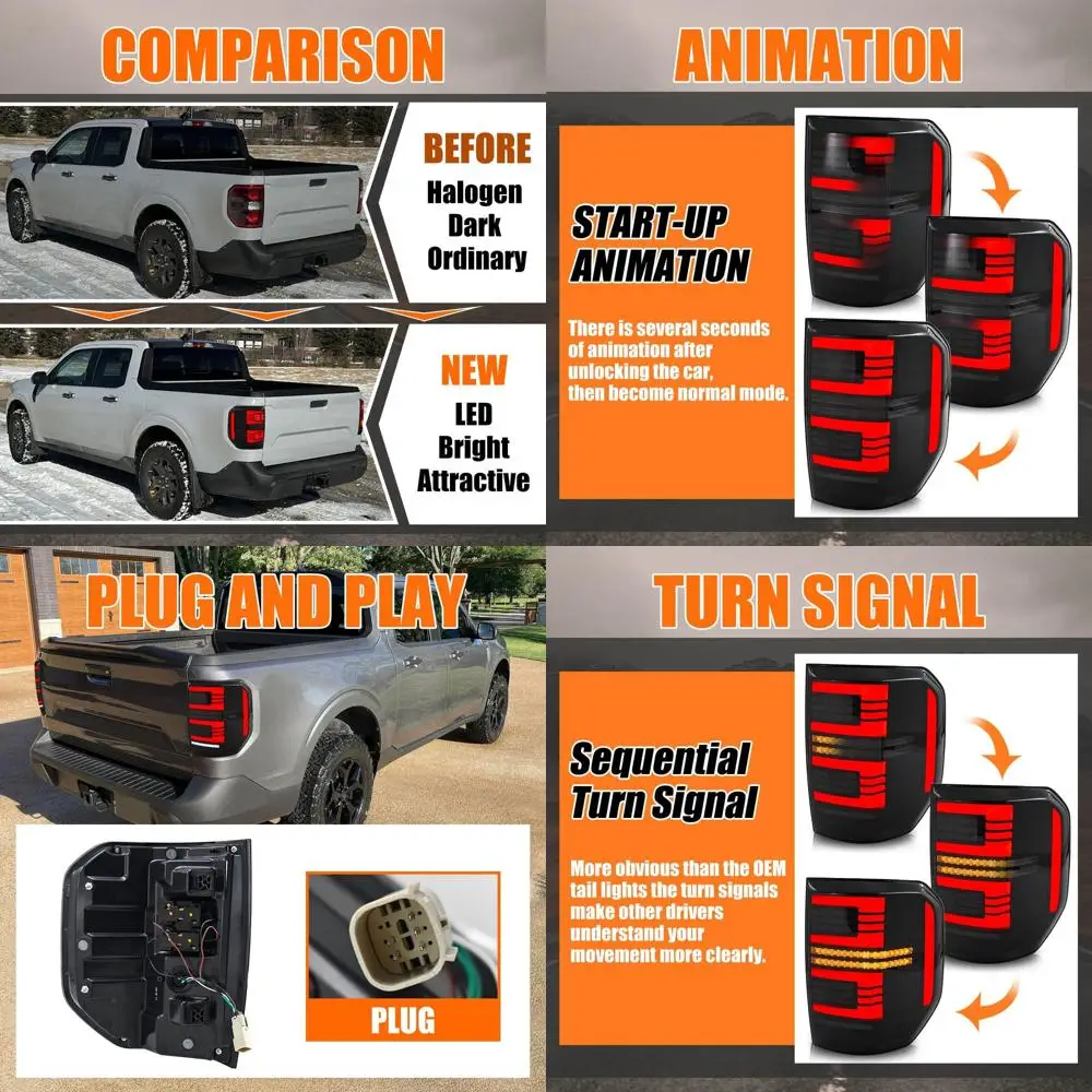 Smoked Lens Sequential Turn Signal LED Tail Lights for 2022-2024 Ford Maverick XLT Driver & Passenger Side
Smoked Lens Sequential Turn Signal LED Tail Lights for 2022-2024 Ford Maverick XLT Driver & Passenger Side