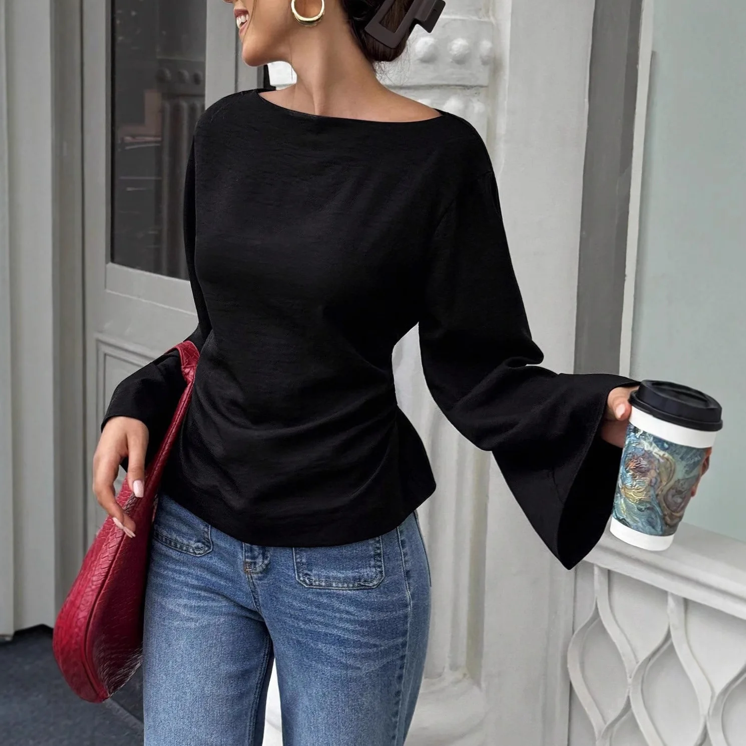 Casual Long Sve Women's T-irt Pure Color Waist-Cinching Boat Ne Bell Bot Top for Young Women 8-25 Years Old
Casual Long Sve Women's T-irt Pure Color Waist-Cinching Boat Ne Bell Bot Top for Young Women 8-25 Years Old