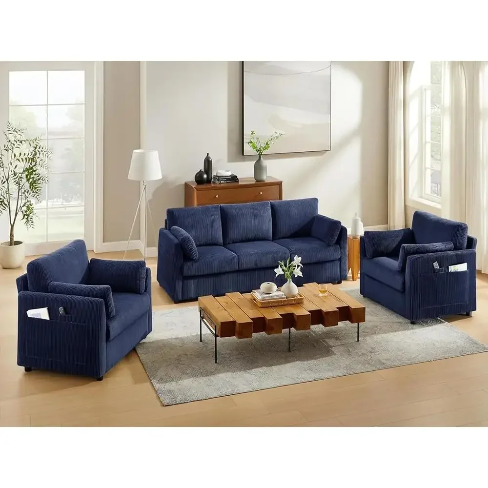 3 Pieces Corduroy Living Room Soa Sets, Navy Blue Couch with Set o 2 Reading Armchairs, Comy Pillows and Storage kets, ern Livin
3 Pieces Corduroy Living Room Soa Sets, Navy Blue Couch with Set o 2 Reading Armchairs, Comy Pillows and Storage kets, ern Livin