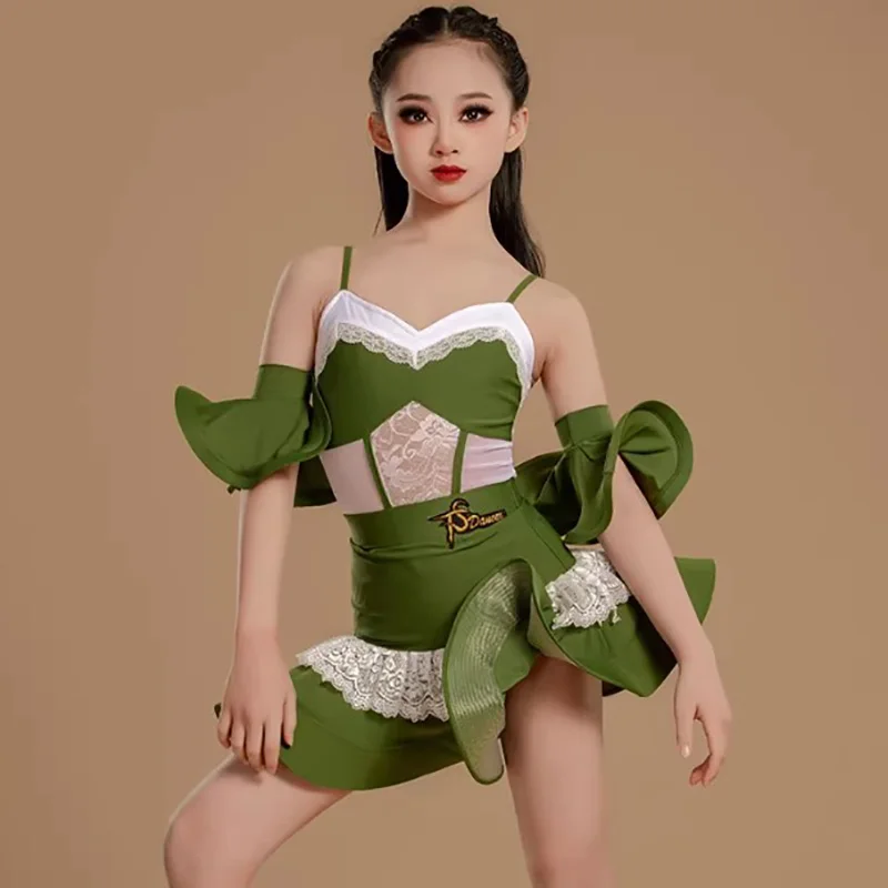 Зеленый костюм для латинских танцев для девочек, детский тренировочный кружевной комбинезон без рукавов и большие распашные юбки, детская танцевальная одежда
Зеленый костюм для латинских танцев для девочек, детский тренировочный кружевной комбинезон без рукавов и большие распашные юбки, детская танцевальная одежда