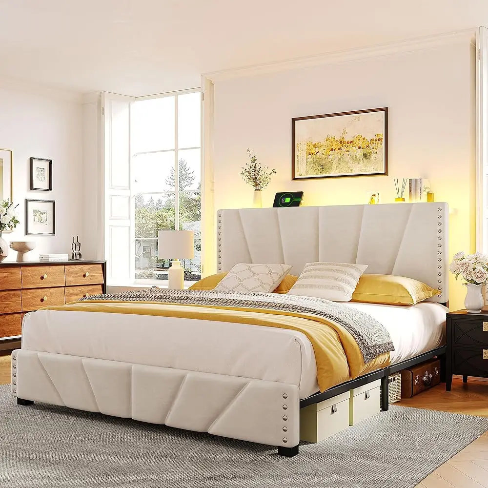 LED Queen Size Bed Frame with Velvet Headboard and Charging Station, Sturdy Wooden Slats Support, Noise-Free, Easy Assembly
LED Queen Size Bed Frame with Velvet Headboard and Charging Station, Sturdy Wooden Slats Support, Noise-Free, Easy Assembly