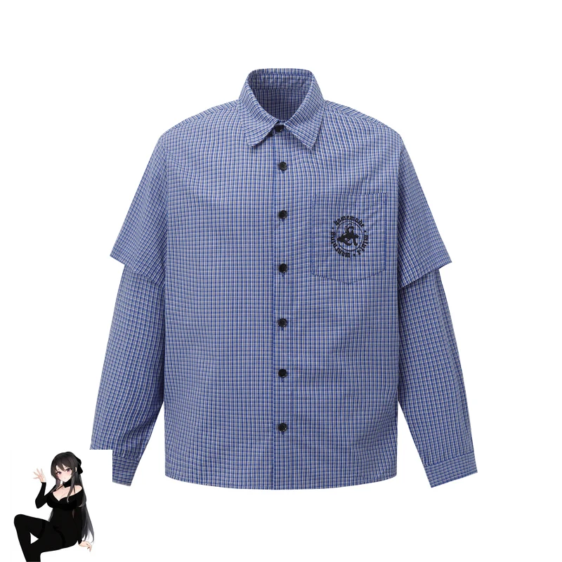 Fake Two Pieces Plaid Blue Long Sleeve Shirt for Men Women Chest Embroidery Dic Letters Label Clothes Elegant Men's Shirts
Fake Two Pieces Plaid Blue Long Sleeve Shirt for Men Women Chest Embroidery Dic Letters Label Clothes Elegant Men's Shirts