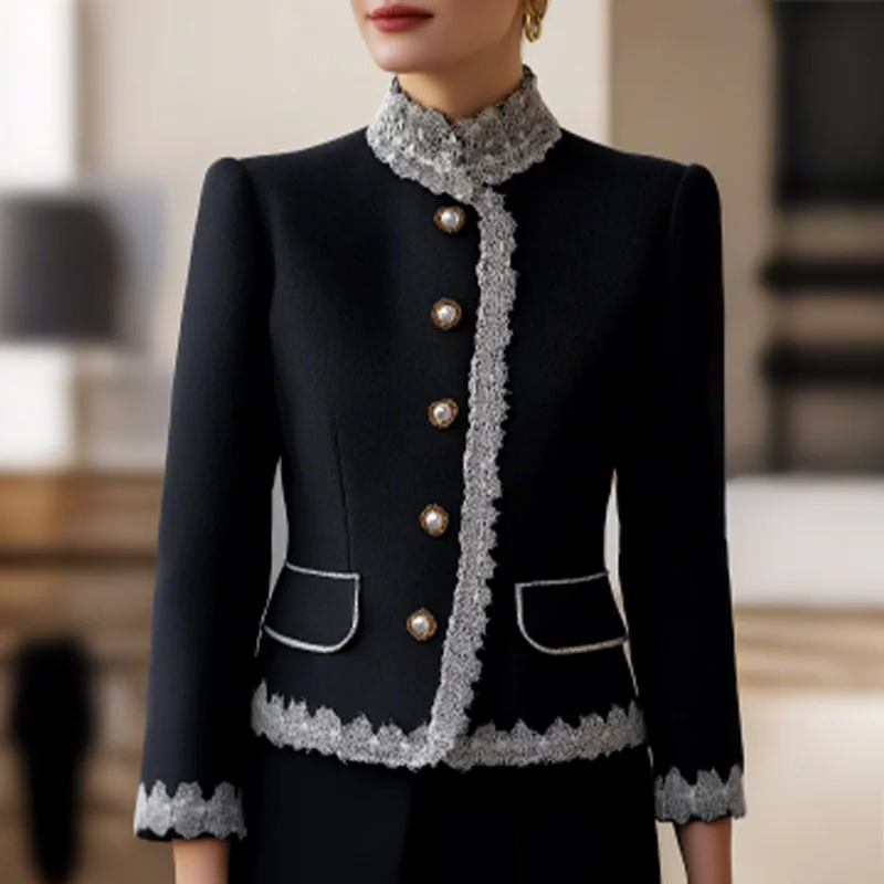 Women Coat Jacket Lace Splicing High Neck Single-breasted Pocket Coat Office Lady Autumn Fashion Elegant Outerwear for Women Top
Women Coat Jacket Lace Splicing High Neck Single-breasted Pocket Coat Office Lady Autumn Fashion Elegant Outerwear for Women Top