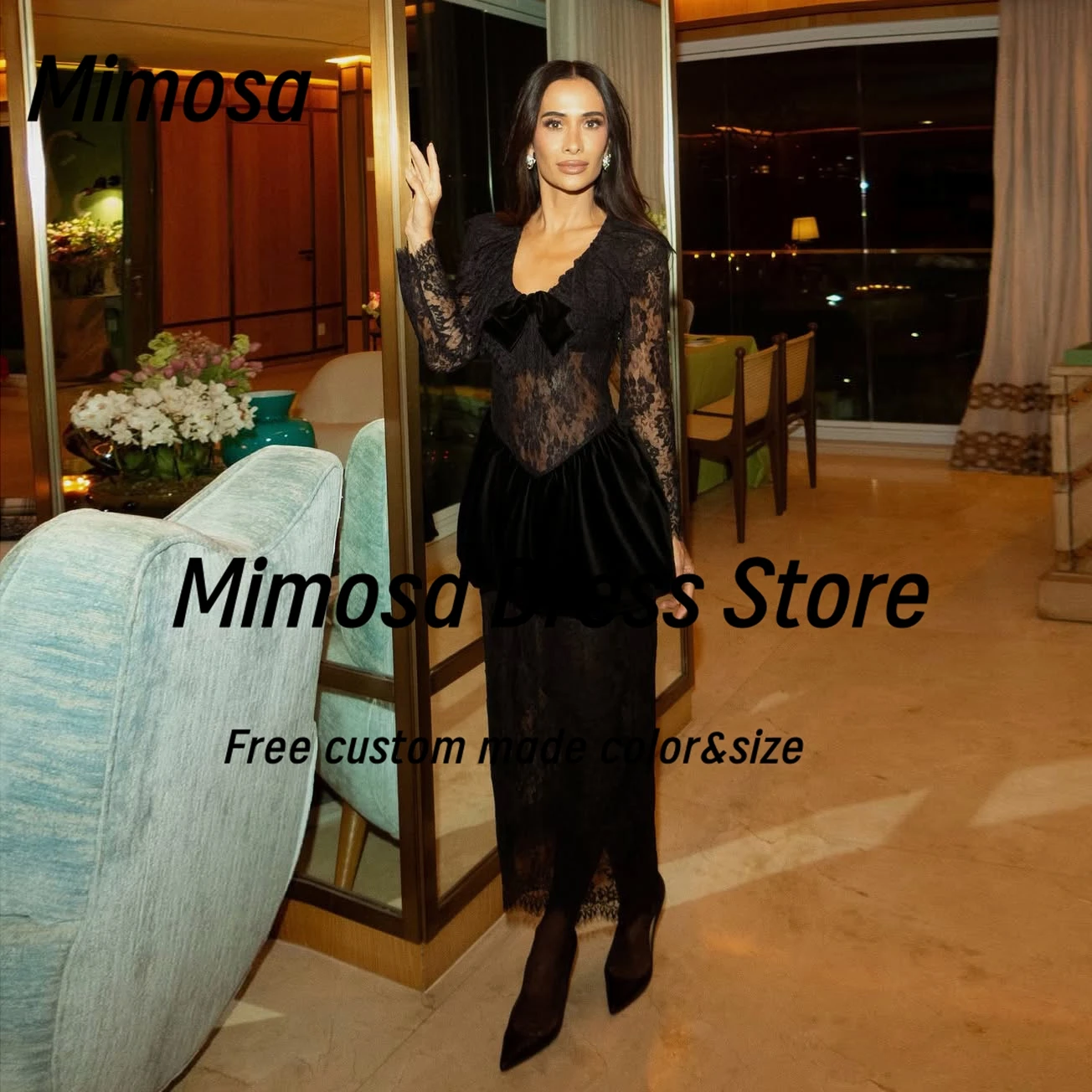 Mimosa Black Lace Prom Dresses V Neck Long Sleeves Evening Gowns with Peplum Robe Des Cocktail Party Dress Customized
Mimosa Black Lace Prom Dresses V Neck Long Sleeves Evening Gowns with Peplum Robe Des Cocktail Party Dress Customized
