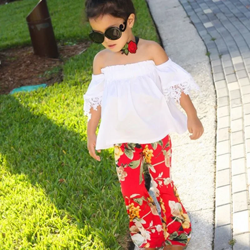 Summer Kids Clothes Sets Baby Girls Solid Ruffles Lace Short Sleeve T-shirt Top + Floral Flare Pants Toddler Casual Clothing
Summer Kids Clothes Sets Baby Girls Solid Ruffles Lace Short Sleeve T-shirt Top + Floral Flare Pants Toddler Casual Clothing