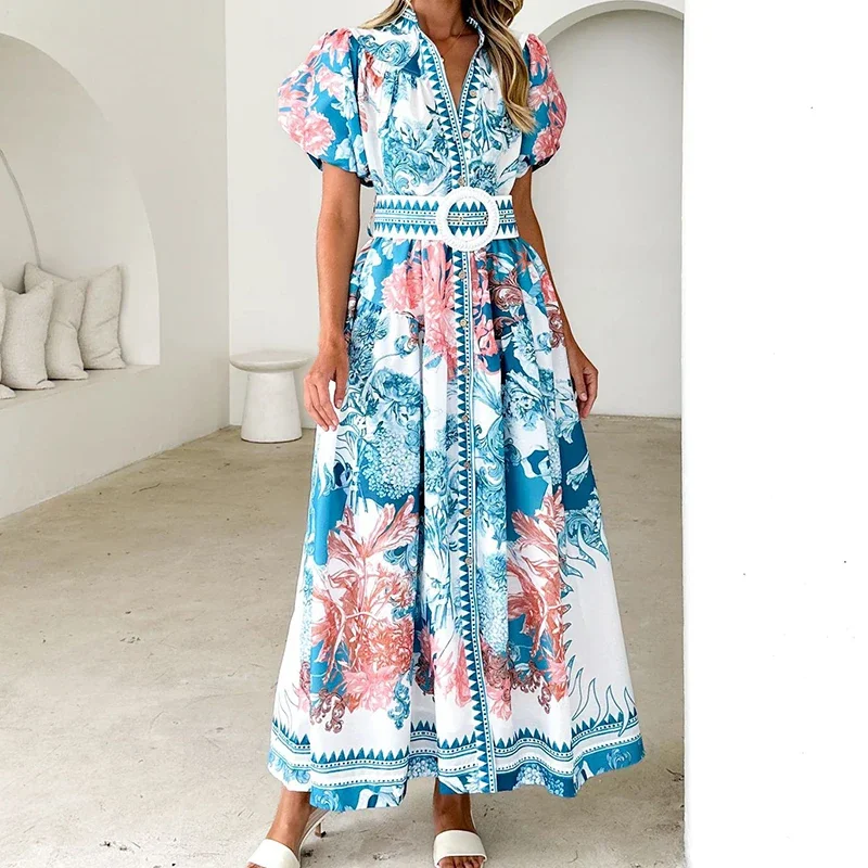 Летнее однобортное женское платье с принтом, повседневное тонкое длинное платье с поясом, модное праздничное платье с круглым вырезом и пышными рукавами
Летнее однобортное женское платье с принтом, повседневное тонкое длинное платье с поясом, модное праздничное платье с круглым вырезом и пышными рукавами