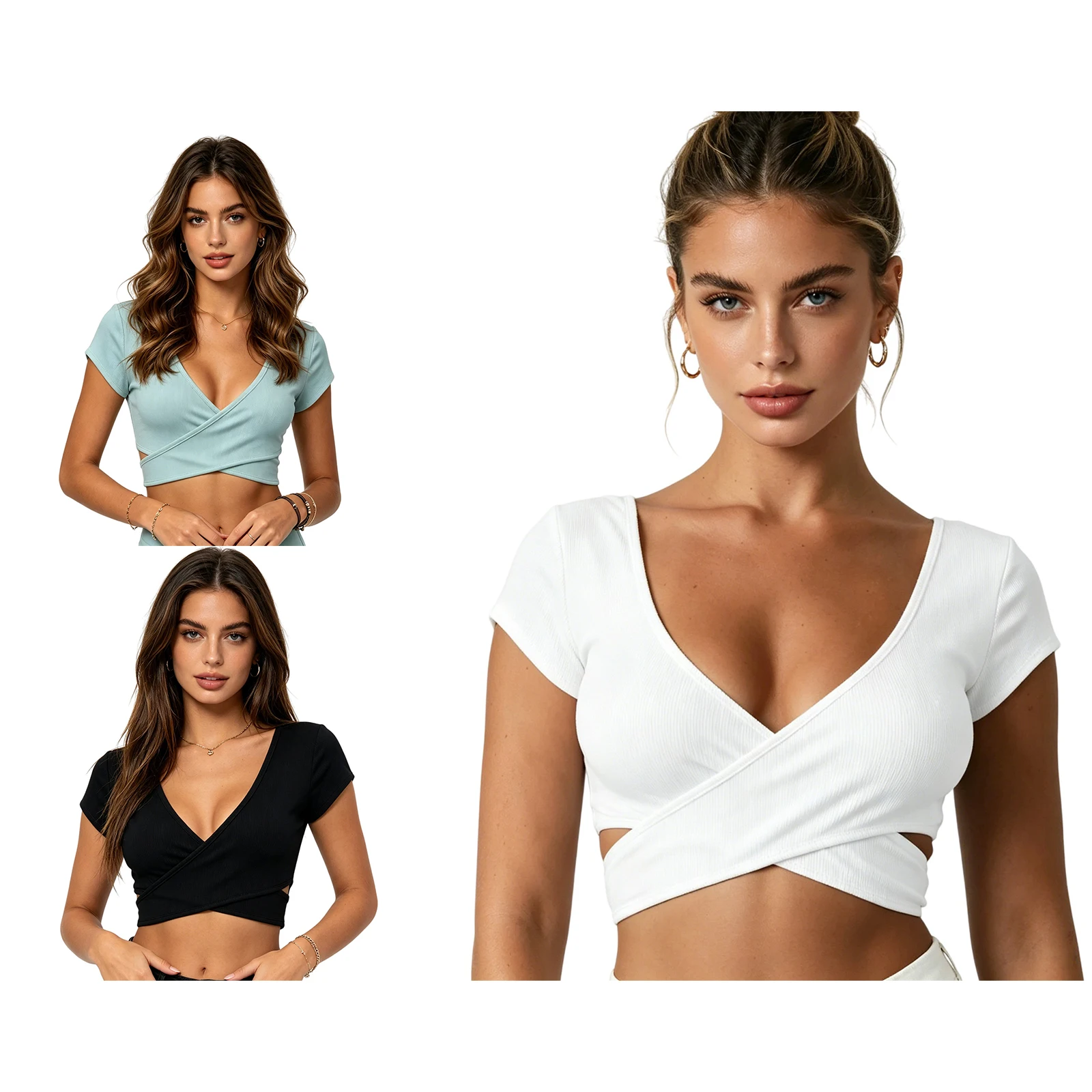 Womens Crop Tops Short Sleeve Cross Wrap V Neck Solid Color Ribbed Fit Summer Shirt
Womens Crop Tops Short Sleeve Cross Wrap V Neck Solid Color Ribbed Fit Summer Shirt