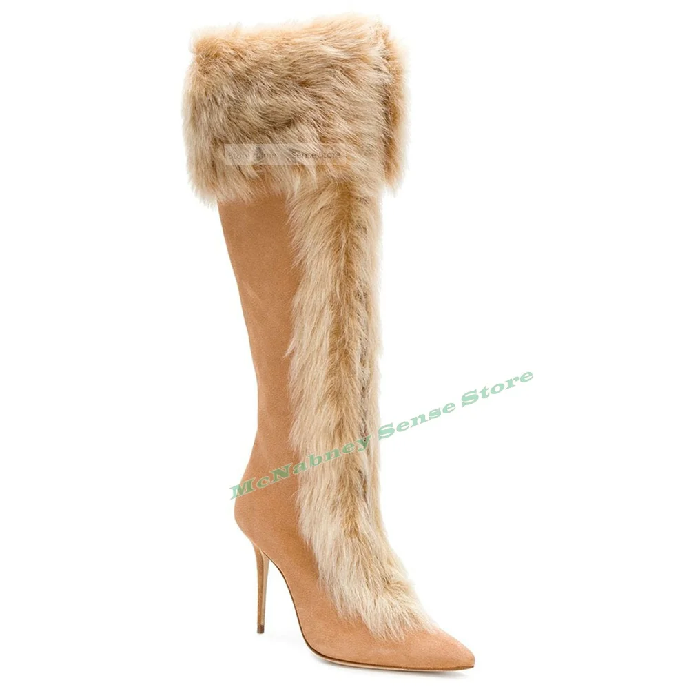 Fur Sweet Knee High Boots Pointy Toe Suede Warm Winter Boots Side Zipper Patchwork Women Sexy Shoes Party Designer Big Size
Fur Sweet Knee High Boots Pointy Toe Suede Warm Winter Boots Side Zipper Patchwork Women Sexy Shoes Party Designer Big Size