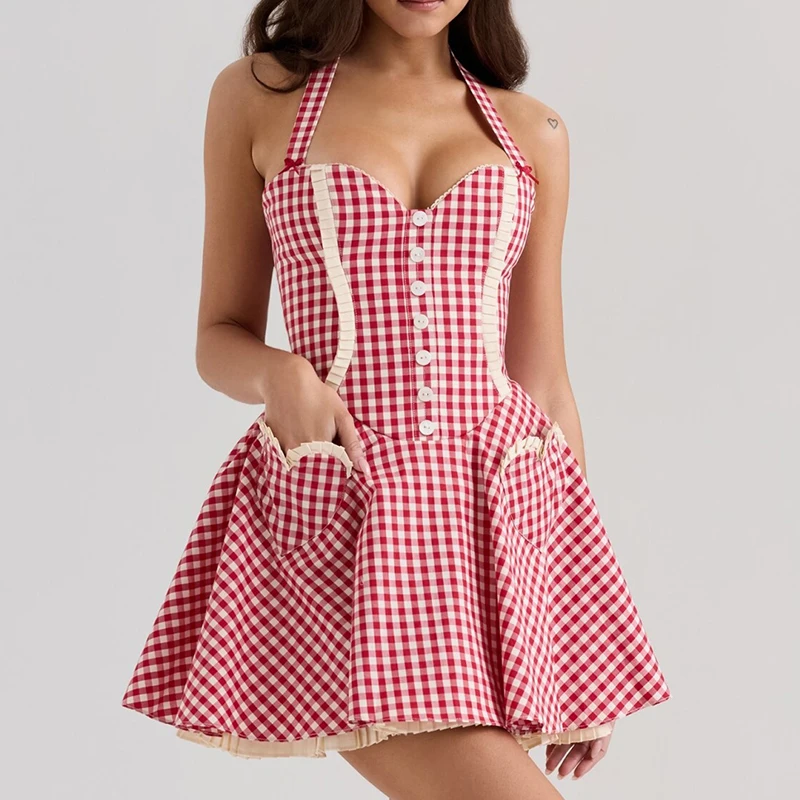 Sexy Backless Halter Red Plaid Cute Vintage Dresses Women Elegant A-line Short Summer Dress Holiday Robe 2025 Vestidos
Sexy Backless Halter Red Plaid Cute Vintage Dresses Women Elegant A-line Short Summer Dress Holiday Robe 2025 Vestidos