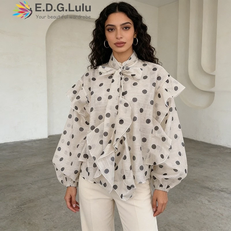 EDGLuLu 2026 Spring New French Sweet Elegant O Neck Lace-Up Bow Top Shirt Women Dot Printed Lantern Sleeves Blouse Tops 0410
EDGLuLu 2026 Spring New French Sweet Elegant O Neck Lace-Up Bow Top Shirt Women Dot Printed Lantern Sleeves Blouse Tops 0410