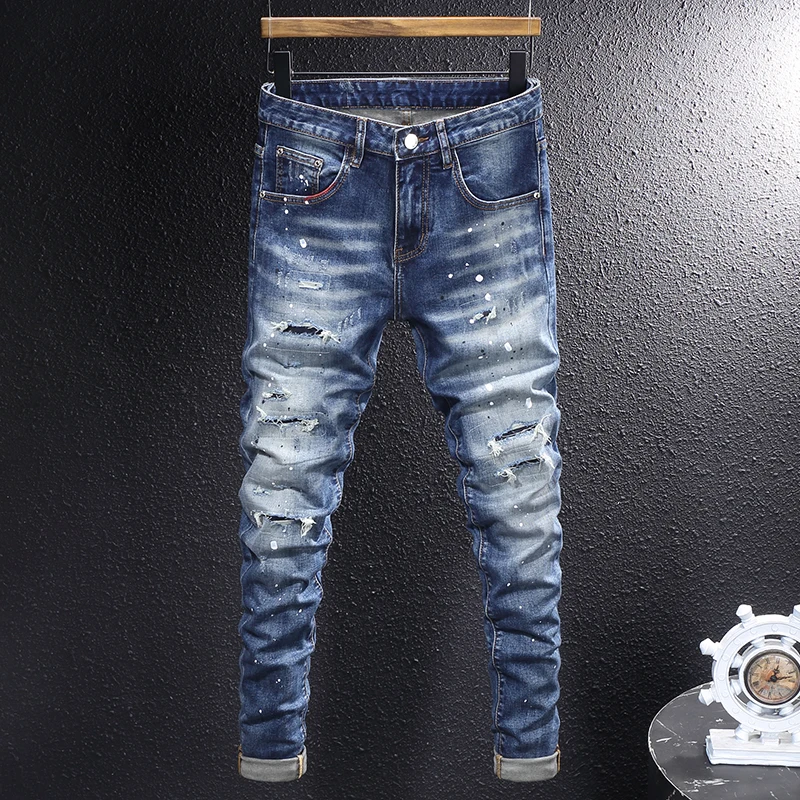 Street Fashion Men Jeans Retro Washed Blue Stretch Slim Fit Patched Ripped Jeans Men Painted Designer Vintage Denim Pencil Pants
Street Fashion Men Jeans Retro Washed Blue Stretch Slim Fit Patched Ripped Jeans Men Painted Designer Vintage Denim Pencil Pants
