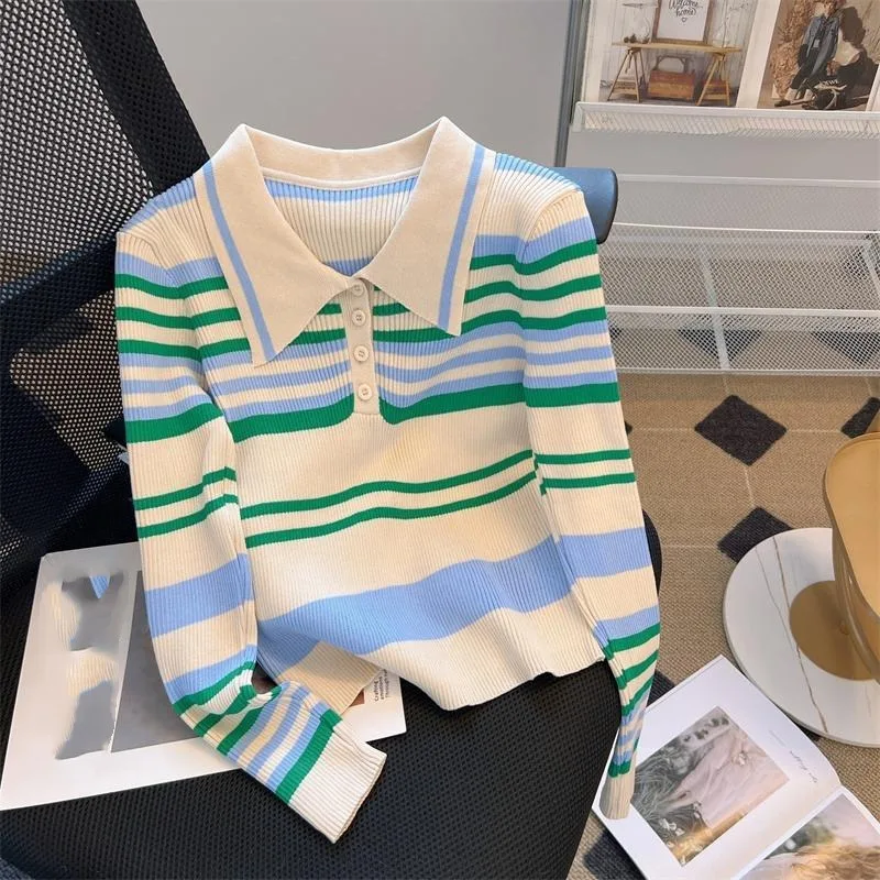 Women's Pullover Stripes Autumn and Winter Korean Contrast Color Sweater Polo Neck Button Slim Long Sleeve All Match Knit Tops
Women's Pullover Stripes Autumn and Winter Korean Contrast Color Sweater Polo Neck Button Slim Long Sleeve All Match Knit Tops