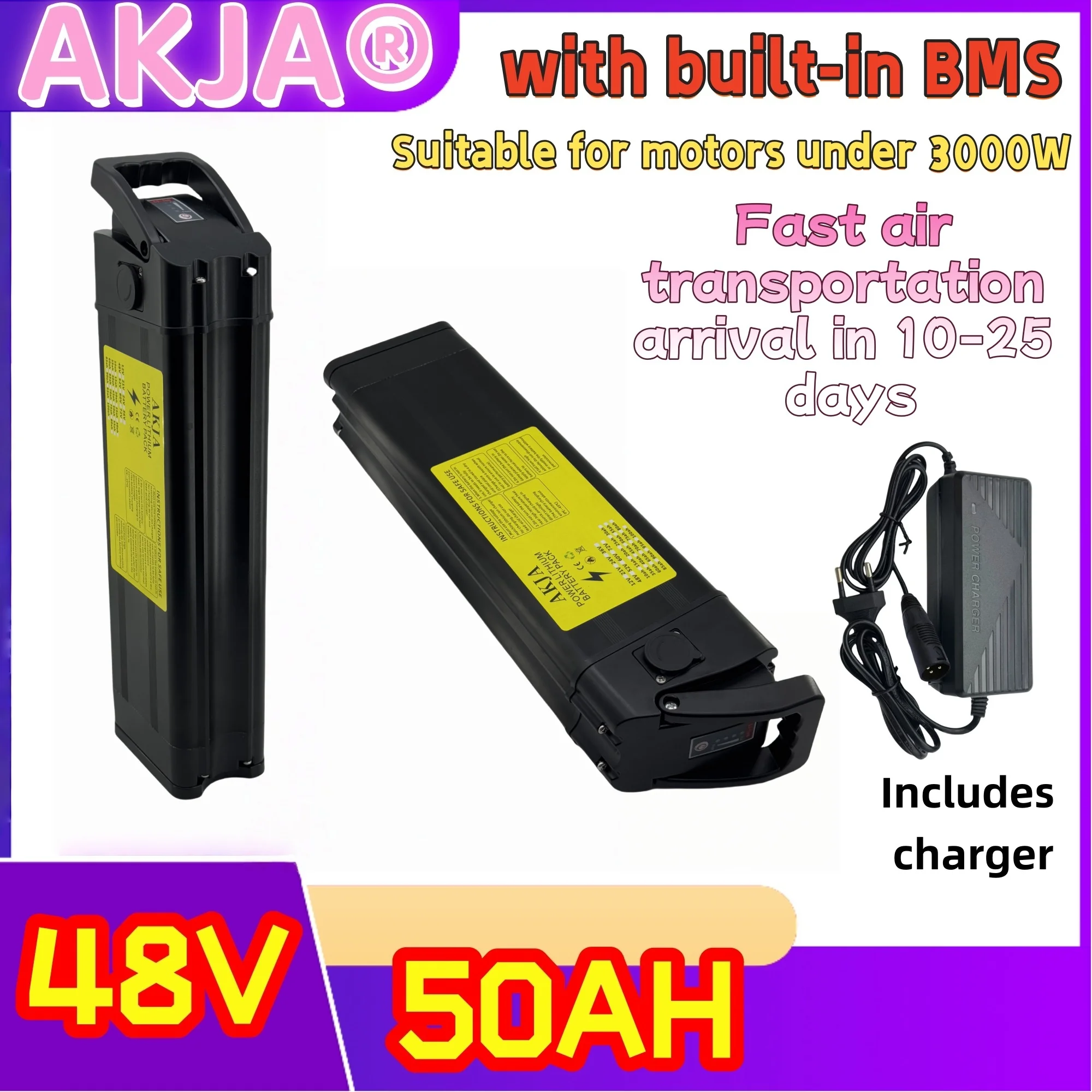 Air fast transportation 48V50AH 18650 high-capacity lithium battery pack Suitable for Silver Fish motors below 3000W
Air fast transportation 48V50AH 18650 high-capacity lithium battery pack Suitable for Silver Fish motors below 3000W