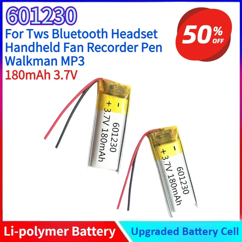 New 601230 180mAh 3.7V Lithium Battery Li-polymer Batteries for Tws Bluetooth Headset Handheld Fan Recorder Pen Walkman MP3 ETC
New 601230 180mAh 3.7V Lithium Battery Li-polymer Batteries for Tws Bluetooth Headset Handheld Fan Recorder Pen Walkman MP3 ETC