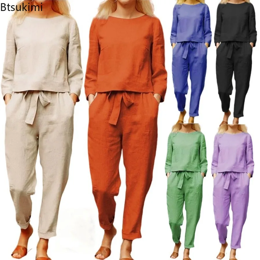 Women's Cotton Linen Suit Summer Matching Suit Half-sleeved Round Neck Tie Elastic Waist Trousers Wide-leg Pants Retro Suit 2025
Women's Cotton Linen Suit Summer Matching Suit Half-sleeved Round Neck Tie Elastic Waist Trousers Wide-leg Pants Retro Suit 2025