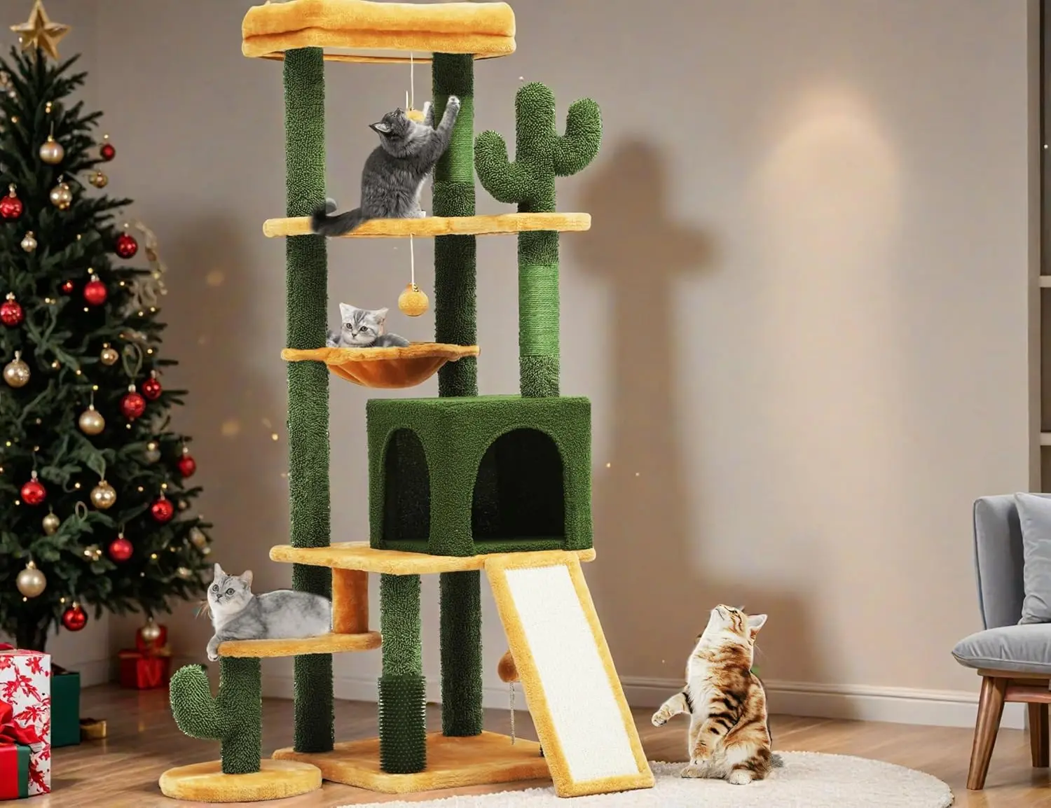 60in Tall Cactus Cat Tree with Self-Grooming Brush, Top Perch, Basket, Sisal Scratching Posts, Dangling Ball for Indoor Cats
60in Tall Cactus Cat Tree with Self-Grooming Brush, Top Perch, Basket, Sisal Scratching Posts, Dangling Ball for Indoor Cats