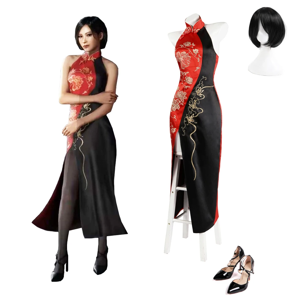 Resident 4 Ada Wong Cosplay Costume Cheongsam Shoes Wig Set Red Black Stitching Embroidered Cheongsam Women Halloween Party Suit
Resident 4 Ada Wong Cosplay Costume Cheongsam Shoes Wig Set Red Black Stitching Embroidered Cheongsam Women Halloween Party Suit