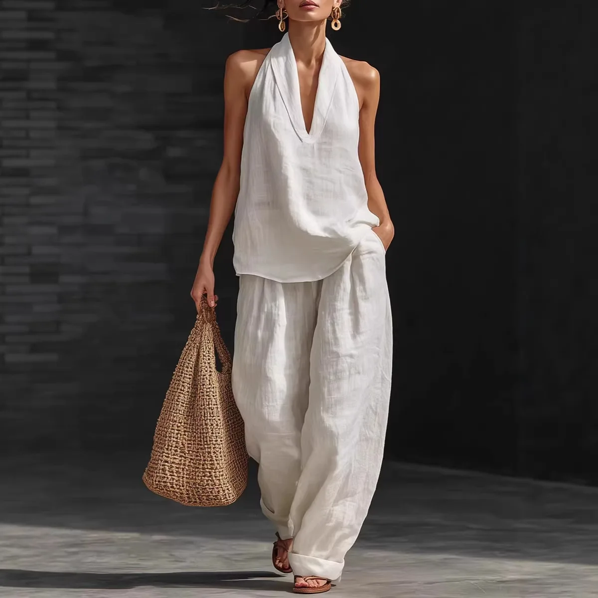 Loose Cotton Linen Blend V-Neck Hanging Neck Strap Set for Women Comfortable Casual Sportswear Four Seasons Suitable for Offi...
Loose Cotton Linen Blend V-Neck Hanging Neck Strap Set for Women Comfortable Casual Sportswear Four Seasons Suitable for Offi...