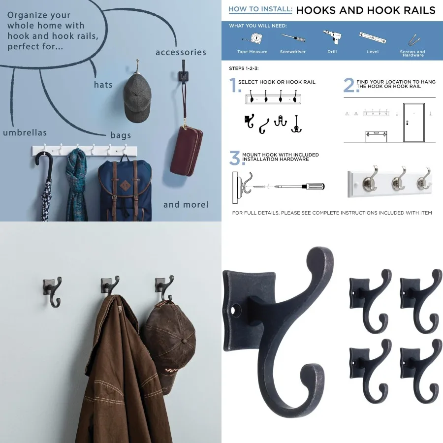 Double Scroll 5Pack Wall Mount Hooks for Coats and Hats HeavyDuty Dark Gunmetal Double Hooks Ideal for Organizing Backpacks Pur
Double Scroll 5Pack Wall Mount Hooks for Coats and Hats HeavyDuty Dark Gunmetal Double Hooks Ideal for Organizing Backpacks Pur