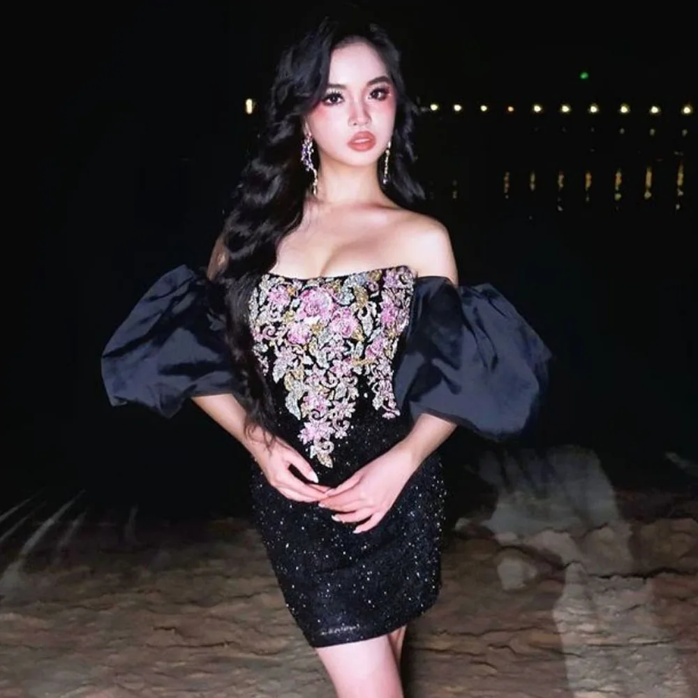 Sequins Beaded Off Shoulder Black Sequins Party Dress Sparkly Appliques Floral Dresses Custom Made Mini Length Women Clothes
Sequins Beaded Off Shoulder Black Sequins Party Dress Sparkly Appliques Floral Dresses Custom Made Mini Length Women Clothes