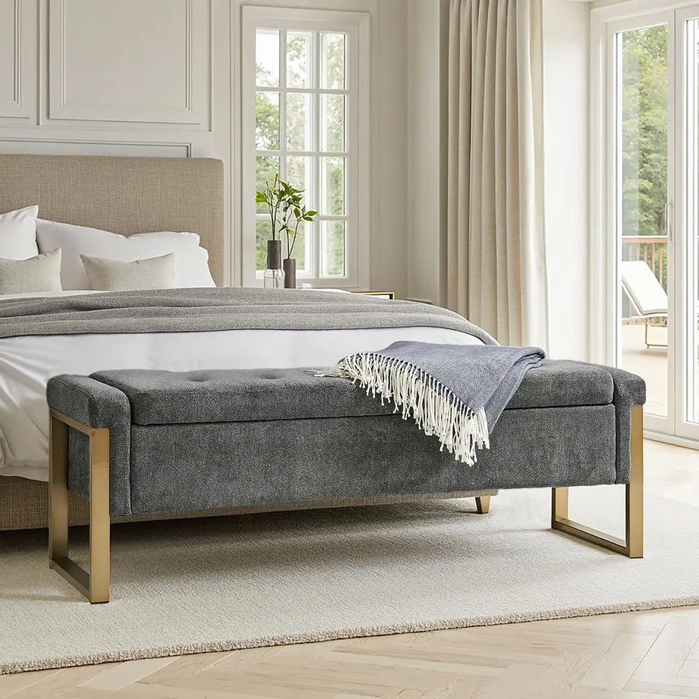 Modern Storage Ottoman Bench with Gold Metal Legs Upholstered Footrest EndofBed Bench with Hidden Storage, Hallway and Entryway
Modern Storage Ottoman Bench with Gold Metal Legs Upholstered Footrest EndofBed Bench with Hidden Storage, Hallway and Entryway