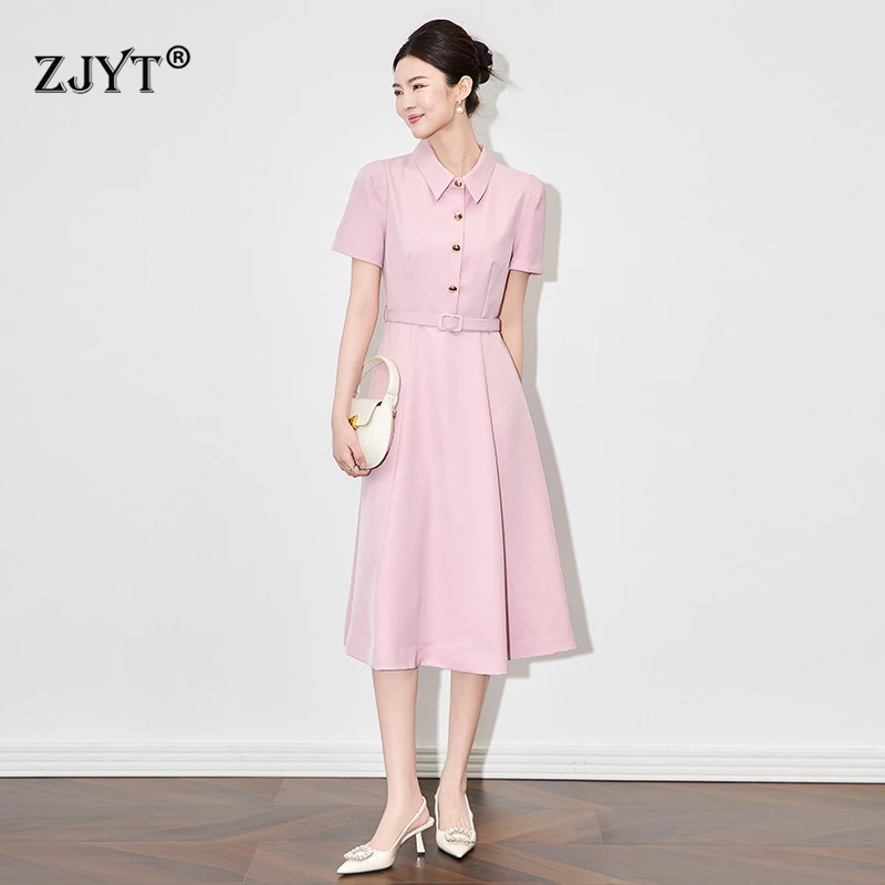 ZJYT Women Elegant Brief Style Turn down Collar Summer Midi Dress Short Sleeve Solid Pink Black A-Line Casual Office Dress 2025
ZJYT Women Elegant Brief Style Turn down Collar Summer Midi Dress Short Sleeve Solid Pink Black A-Line Casual Office Dress 2025