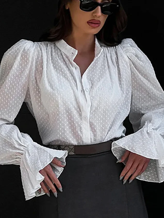 Повседневная женская рубашка с длинным рукавом, на пуговицах, с воротником-стойкой и рукавами-фонариками
Повседневная женская рубашка с длинным рукавом, на пуговицах, с воротником-стойкой и рукавами-фонариками