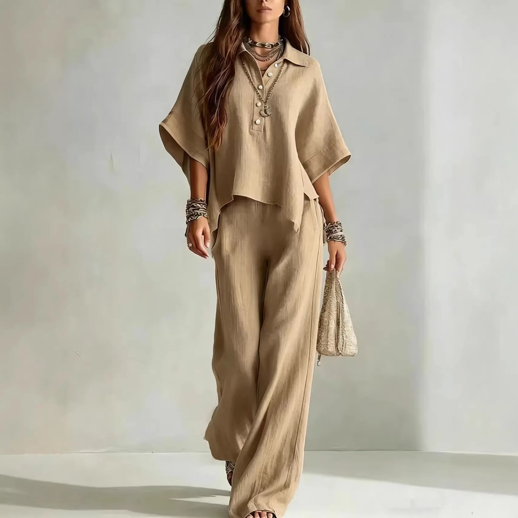 New Solid Color Pants Set 2026 Summer Loose Half-sleeved Shirt Loose Wide-leg Trousers Two-piece Set Fashion Vacation Suit
New Solid Color Pants Set 2026 Summer Loose Half-sleeved Shirt Loose Wide-leg Trousers Two-piece Set Fashion Vacation Suit