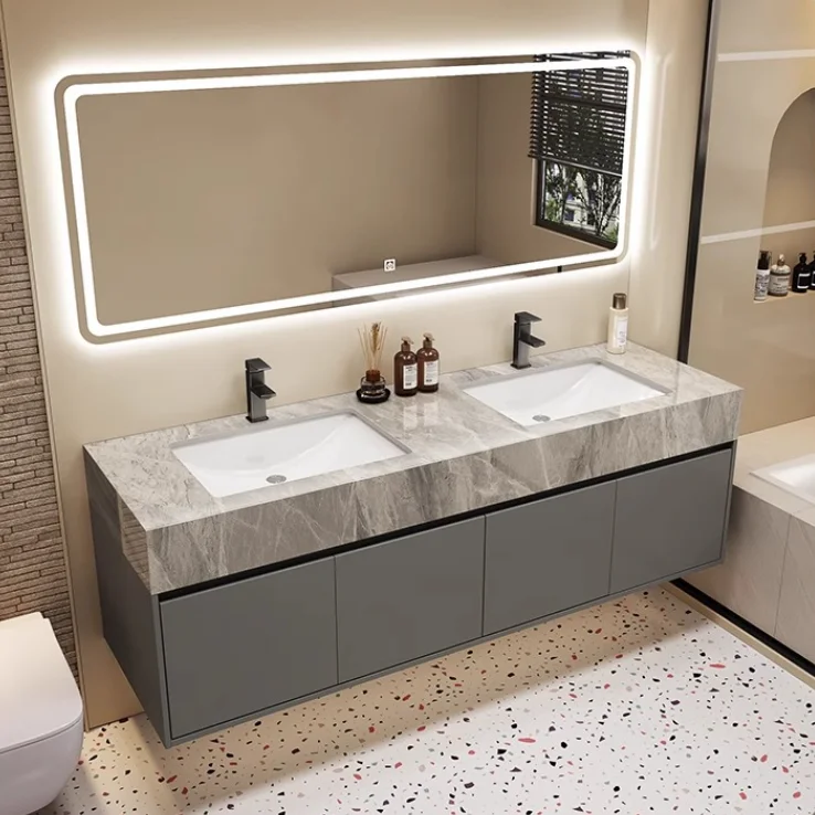 Luxury Modern Double Washbasin Bathroom Vanity Individual Design Sintered Stone Countertop Solid Wood Home Use School
Luxury Modern Double Washbasin Bathroom Vanity Individual Design Sintered Stone Countertop Solid Wood Home Use School