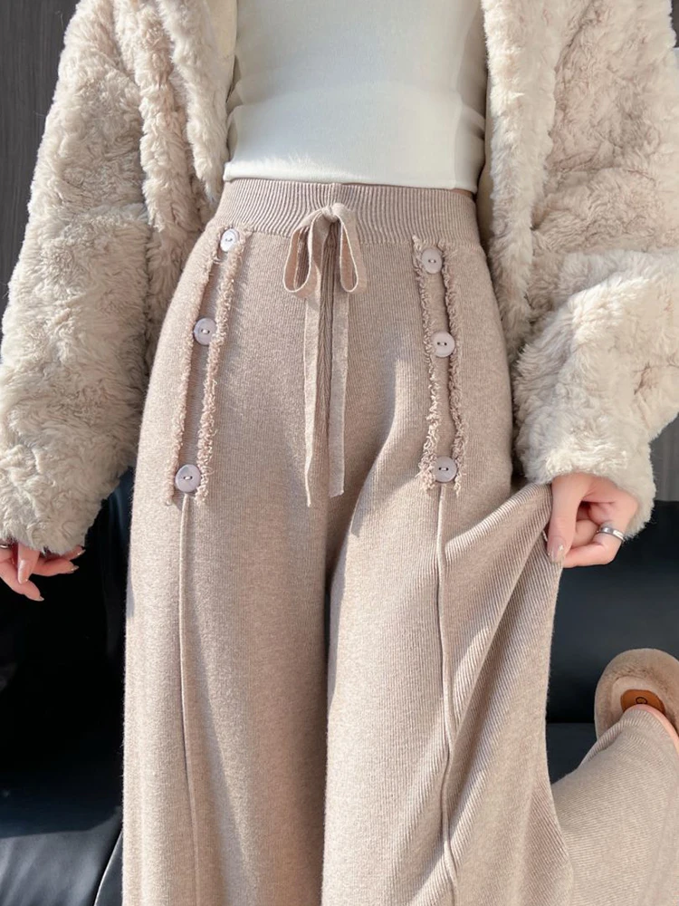 Womens Fall Knitted Wide Leg Pants Casual High Waist Button Knit Straight Pantalones Korean Fashion Baggy Lace-up Trousers
Womens Fall Knitted Wide Leg Pants Casual High Waist Button Knit Straight Pantalones Korean Fashion Baggy Lace-up Trousers