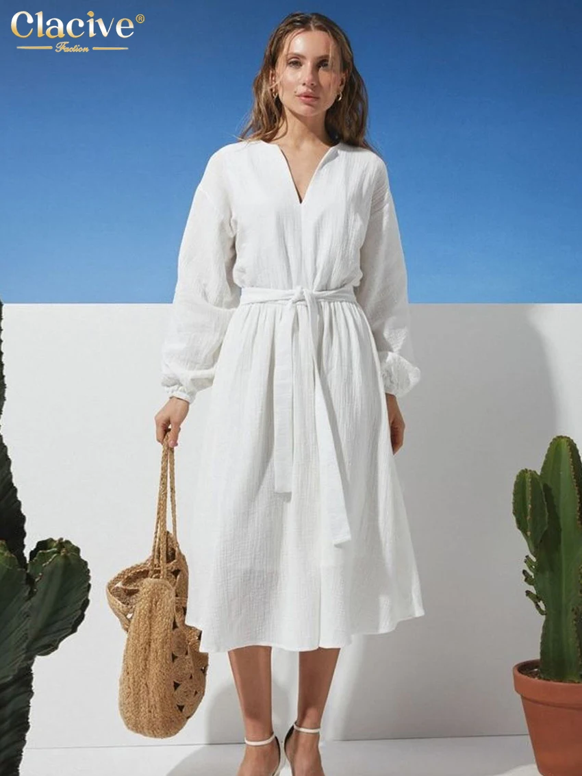 Clacive Fashion Loose White Cotton Women Dress 2025 Casual V-Neck Long Sleeve Midi Dresses Elegant Classic Lace-Up Female Dress
Clacive Fashion Loose White Cotton Women Dress 2025 Casual V-Neck Long Sleeve Midi Dresses Elegant Classic Lace-Up Female Dress
