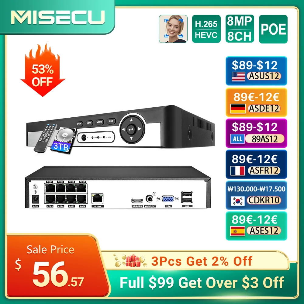 MISECU 4K 8CH POE NVR 8MP Security Video Recorder IP Camera Face Detection Surveillance CCTV System For POE IP Camera
MISECU 4K 8CH POE NVR 8MP Security Video Recorder IP Camera Face Detection Surveillance CCTV System For POE IP Camera