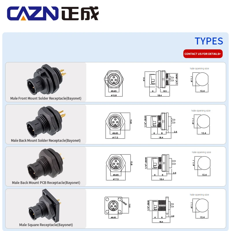 E7 Series IP68 Low Voltage Connector 5A Front/Back Mount Solder Receptacle Waterproof 2-6pin Male Socket Bayonet
E7 Series IP68 Low Voltage Connector 5A Front/Back Mount Solder Receptacle Waterproof 2-6pin Male Socket Bayonet