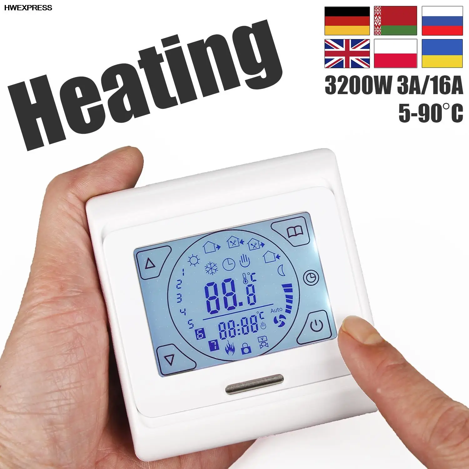 Touch Screen Programming Heating Room Thermostat 3A/16A,240V For Water Heating/Electric Heating Floor Heating
Touch Screen Programming Heating Room Thermostat 3A/16A,240V For Water Heating/Electric Heating Floor Heating