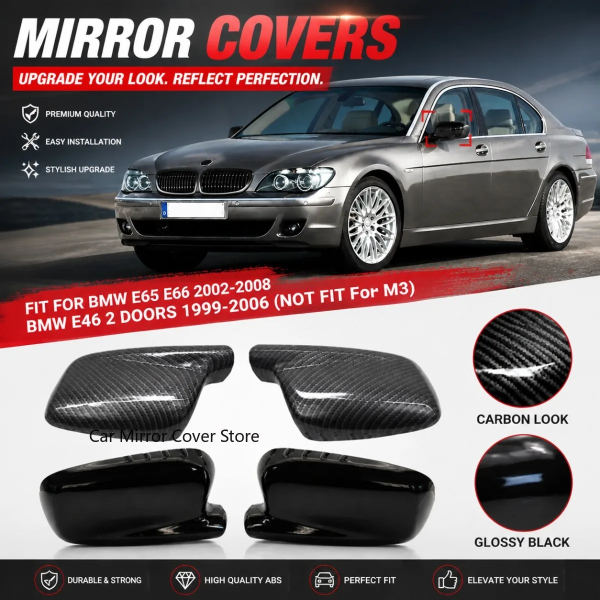 For BMW Mirror Covers – Perfect Fit for E65/E66 2002-2008 & E46 2-Door 1999-2006 (Not M3) – Carbon & Glossy Black
For BMW Mirror Covers – Perfect Fit for E65/E66 2002-2008 & E46 2-Door 1999-2006 (Not M3) – Carbon & Glossy Black