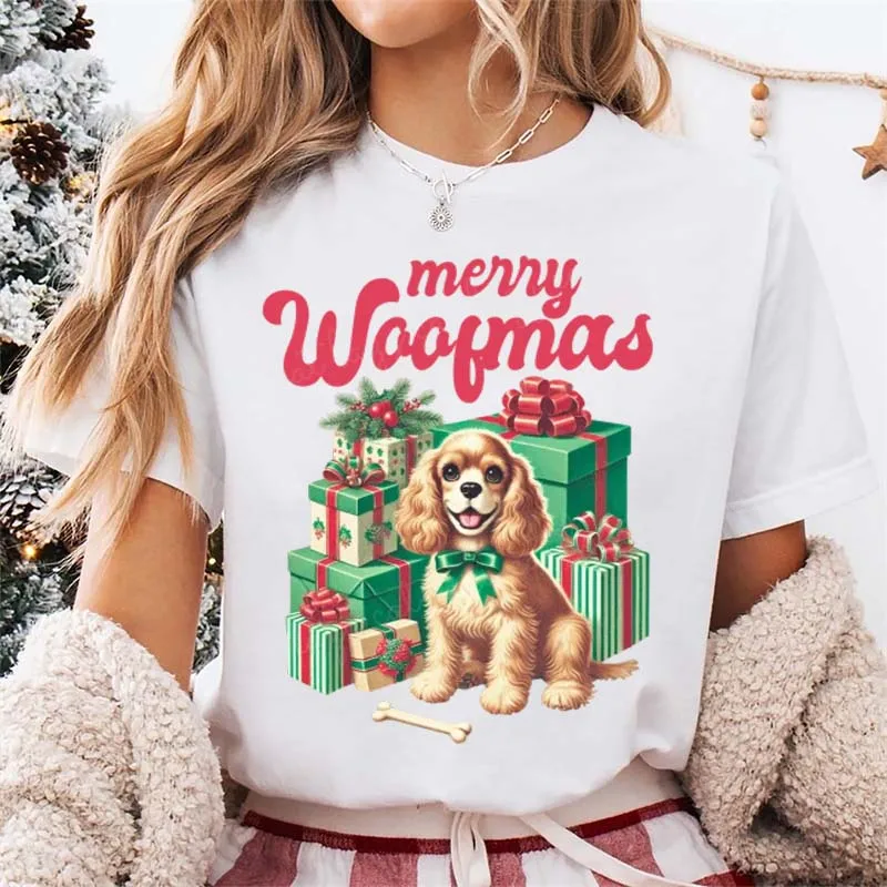 Рождественская модная футболка с милым рисунком собаки и коротким рукавом, женская белая футболка с праздничным принтом и круглым вырезом, базовая забавная повседневная футболка 
Рождественская модная футболка с милым рисунком собаки и коротким рукавом, женская белая футболка с праздничным принтом и круглым вырезом, базовая забавная повседневная футболка