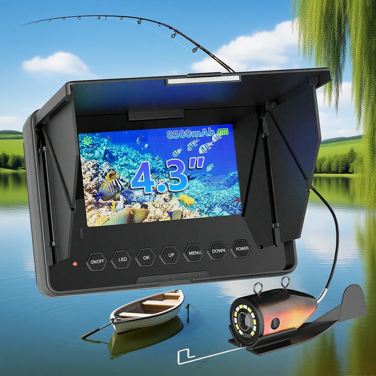 4.3 Inch 1200TVL Underwater Fishing Camera with 12 Lamps Monitor 165° 8500mAH Battery 15/30/50M for Ice/Sea/River Fishing 
4.3 Inch 1200TVL Underwater Fishing Camera with 12 Lamps Monitor 165° 8500mAH Battery 15/30/50M for Ice/Sea/River Fishing