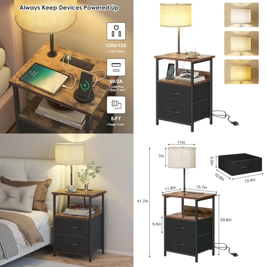 Bedside Table with 3 Color Temperature Reading Light, Nightstand with LED Light and Charging Station End Table with Adjustable
Bedside Table with 3 Color Temperature Reading Light, Nightstand with LED Light and Charging Station End Table with Adjustable