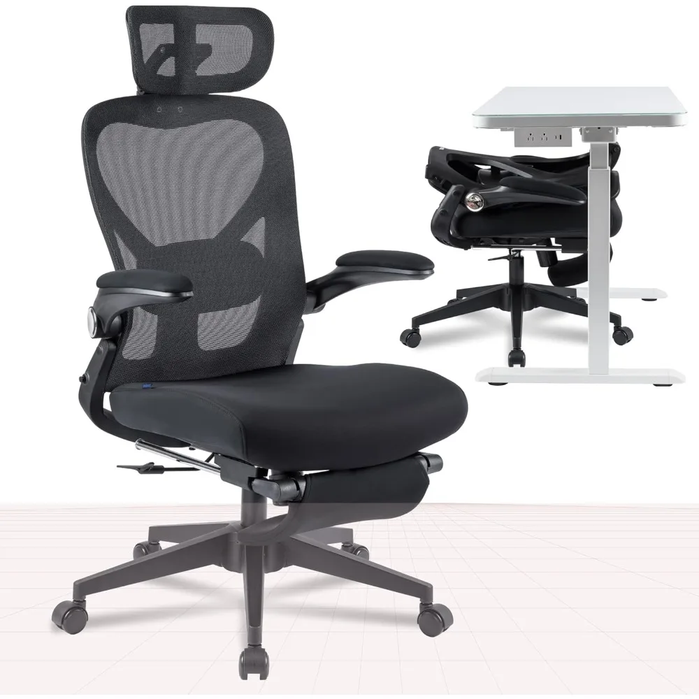 space-saving ergonomic mesh office chair with foldable design, footrest, adjustable headrest, flip-up arms, and lumbar support 
space-saving ergonomic mesh office chair with foldable design, footrest, adjustable headrest, flip-up arms, and lumbar support