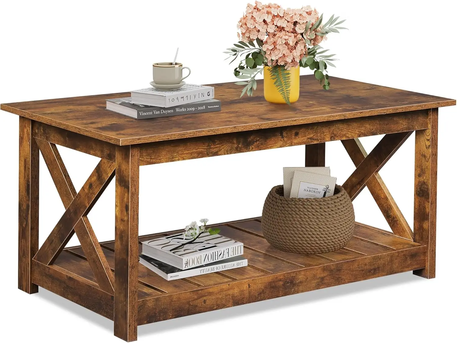 Farmhouse Coffee Table for Living Room, 40.1" Rustic Center Table with X-Frame Support & Storage Shelf, 2-Tier Wood Table
Farmhouse Coffee Table for Living Room, 40.1" Rustic Center Table with X-Frame Support & Storage Shelf, 2-Tier Wood Table