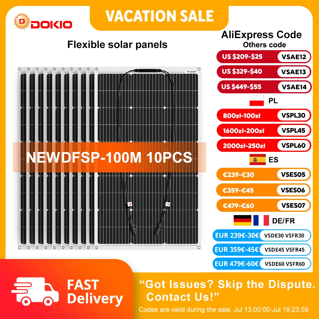 Dokio 18V 10pcs 100W Flexible Solar Panel Monocrystalline Solar Panel For Car/Home Waterproof Charge 12V 1000W Solar Panel
Dokio 18V 10pcs 100W Flexible Solar Panel Monocrystalline Solar Panel For Car/Home Waterproof Charge 12V 1000W Solar Panel