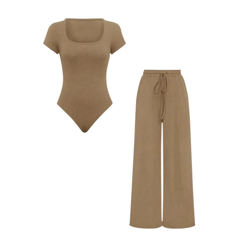 Woman New Casual Two Piece Pants Tracksuit Solid Color Black Short Sleeve Bodysuits Top+Haist Waist Wide Leg Pants Matching Sets
Woman New Casual Two Piece Pants Tracksuit Solid Color Black Short Sleeve Bodysuits Top+Haist Waist Wide Leg Pants Matching Sets