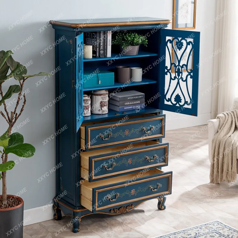 three-bucket two-door cabinet solid wood retro blue painted side cabinet hollow storage
three-bucket two-door cabinet solid wood retro blue painted side cabinet hollow storage