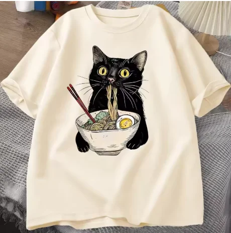 Vintage noodle ramen cat print women's T-shirt, casual short-sleeved, men's and women's relaxed loose clothing
Vintage noodle ramen cat print women's T-shirt, casual short-sleeved, men's and women's relaxed loose clothing