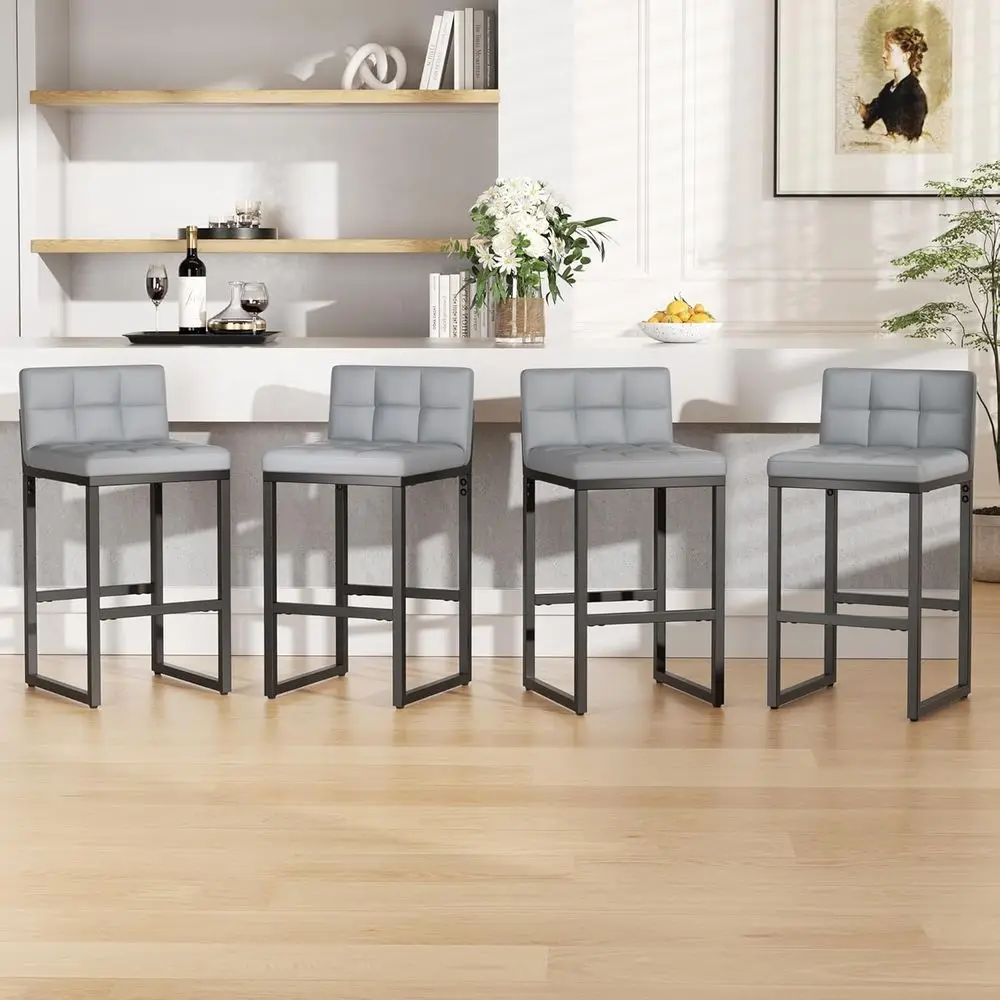 Set of 4 Leather Counter Height Bar Stools with Low Back and Footrest, Sturdy Metal Legs, Upholstered Kitchen Chairs in Light Gr
Set of 4 Leather Counter Height Bar Stools with Low Back and Footrest, Sturdy Metal Legs, Upholstered Kitchen Chairs in Light Gr
