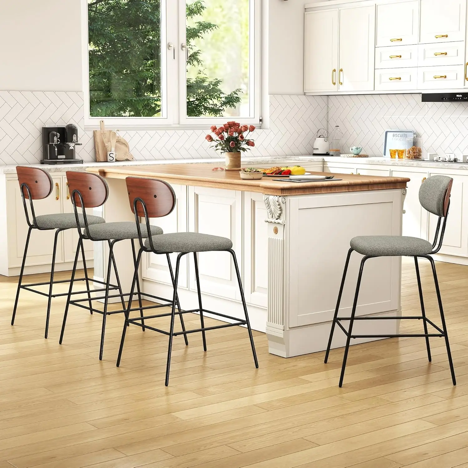Bar Stools Set of 4, 25.6 Inches Counter Height Barstool with Curved Walnut Bentwood Back Metal Legs, Modern Fabric, Customized
Bar Stools Set of 4, 25.6 Inches Counter Height Barstool with Curved Walnut Bentwood Back Metal Legs, Modern Fabric, Customized