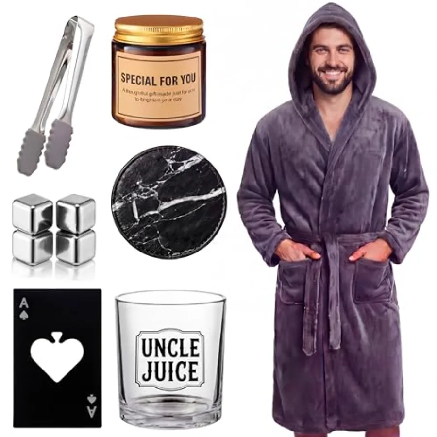 10 Pcs Uncle Gift for Men, Uncle Gift Set, Including Hooded Bathrobe Whiskey Glasses Cubes Coasters Scented Candle Ice Tongs Bo
10 Pcs Uncle Gift for Men, Uncle Gift Set, Including Hooded Bathrobe Whiskey Glasses Cubes Coasters Scented Candle Ice Tongs Bo