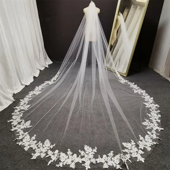 긴 레이스 웨딩 베일, 3D 자수 꽃, 긴 흰색 대성당 스타일, 신부 베일 빗, 웨딩 액세서리, 신부 모자